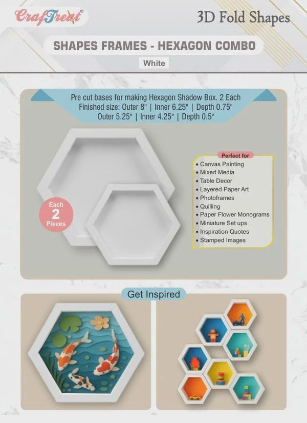 CrafTreat 3D Fold Shapes - Frames White - Hexagon Combo 4pcs