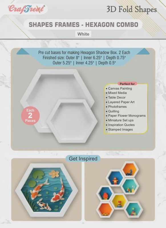 CrafTreat 3D Fold Shapes - Frames White - Hexagon Combo 4pcs