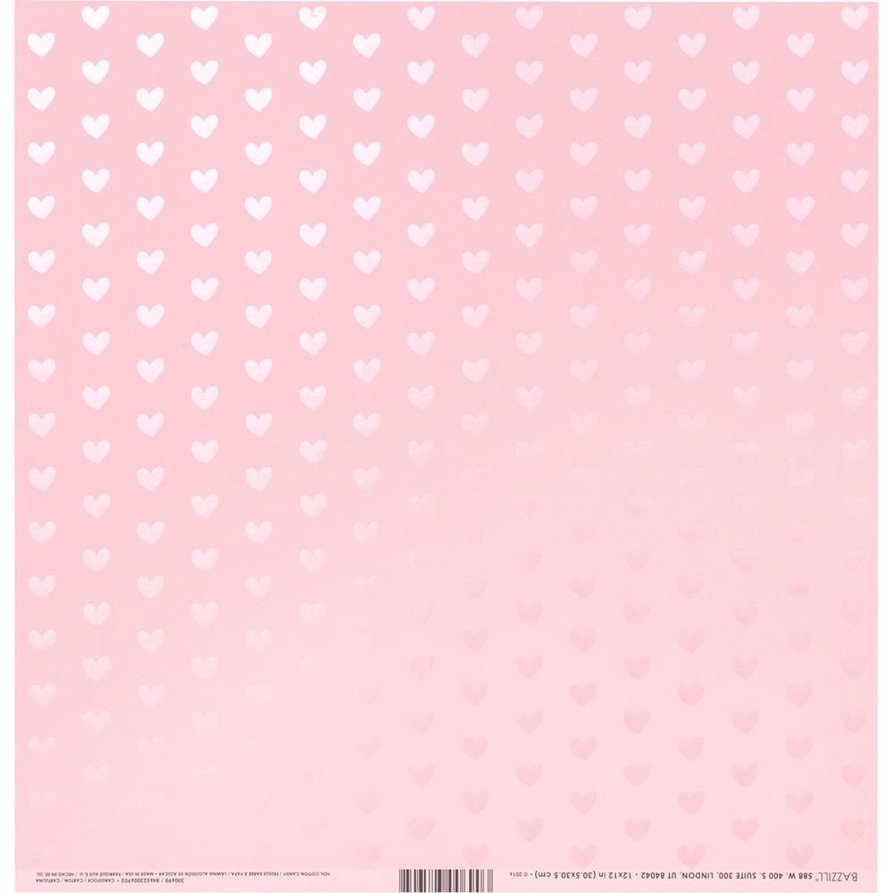 Bazzill Foiled Pattern Cardstock 12"X12" Heart W/Pink Pearl, Cotton Candy