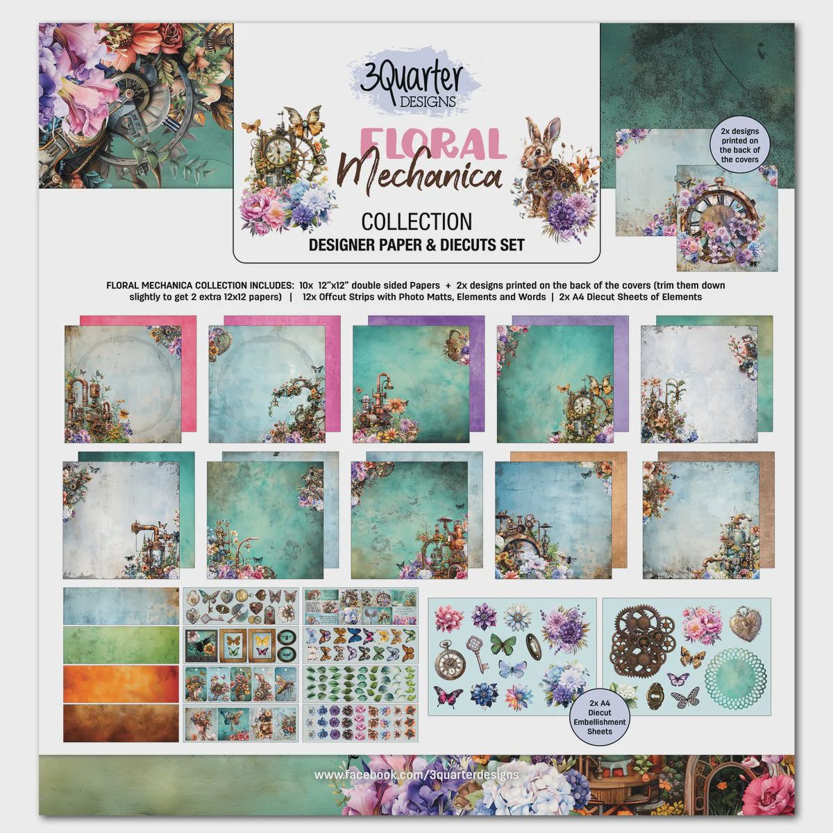 3Quarter Designs Floral Mechanica 12x12 Design Paper &amp; Diecuts Set