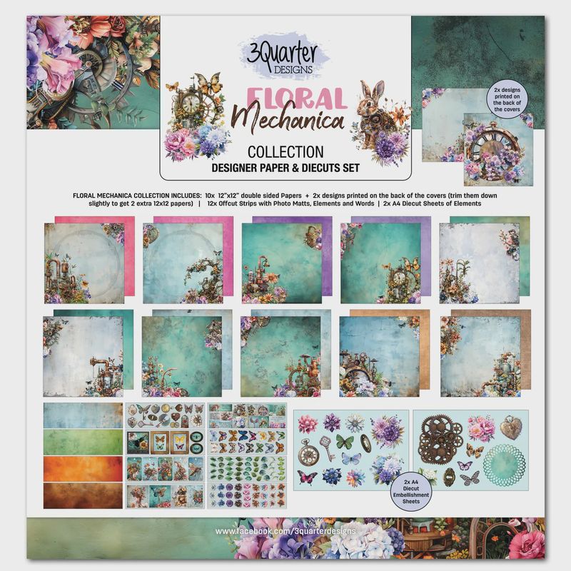 3Quarter Designs Floral Mechanica 12x12 Design Paper &amp; Diecuts Set