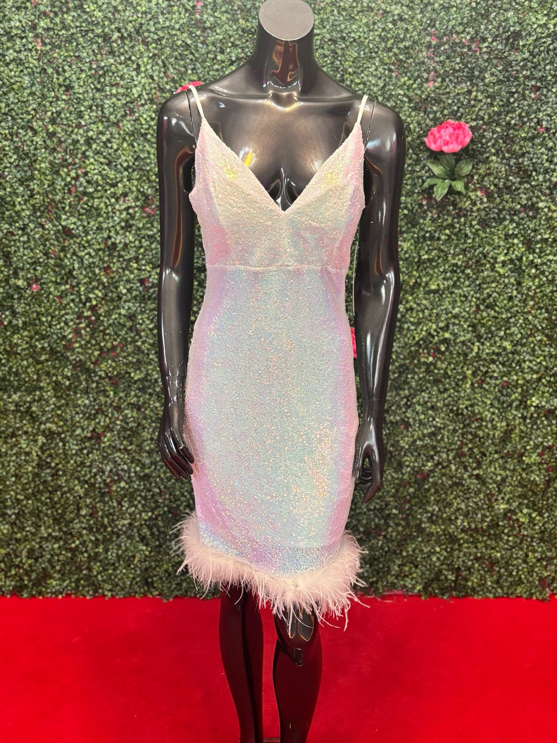 White Shimmer Feathered Bottom Cocktail Dress