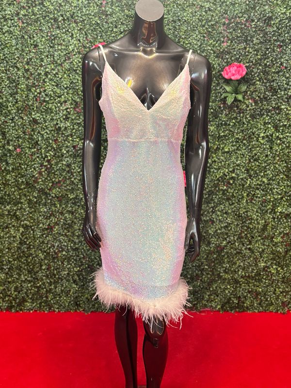 White Shimmer Feathered Bottom Short Gown