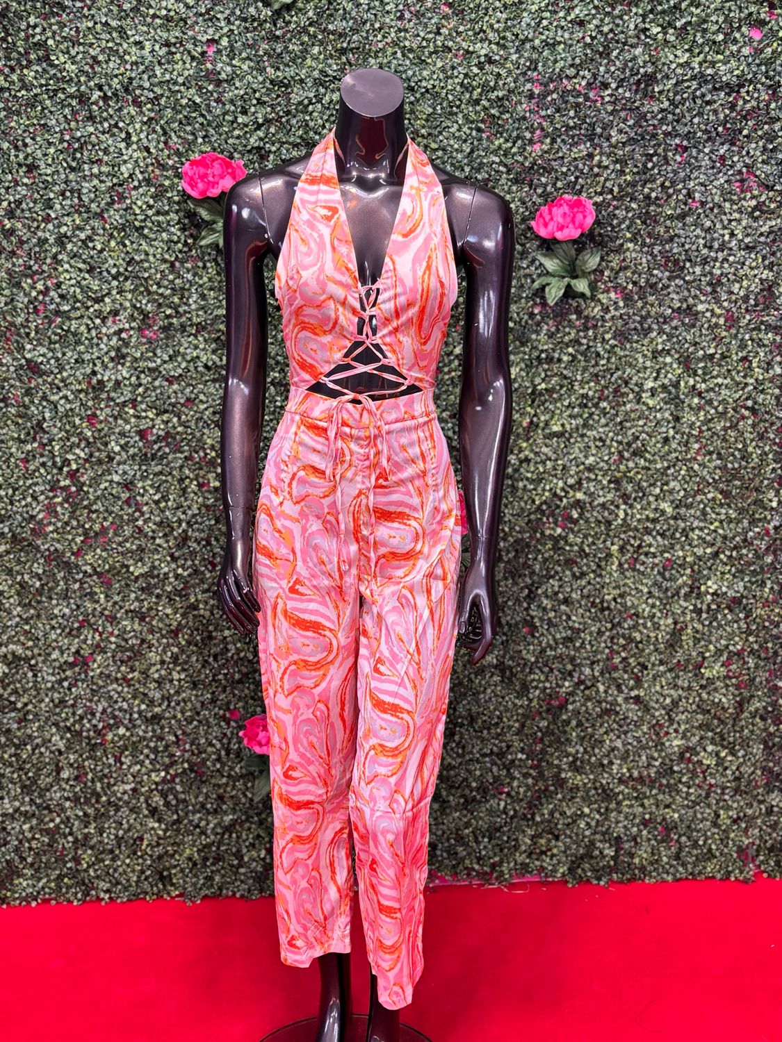 Pink Criss-Cross Halter Pants Suit