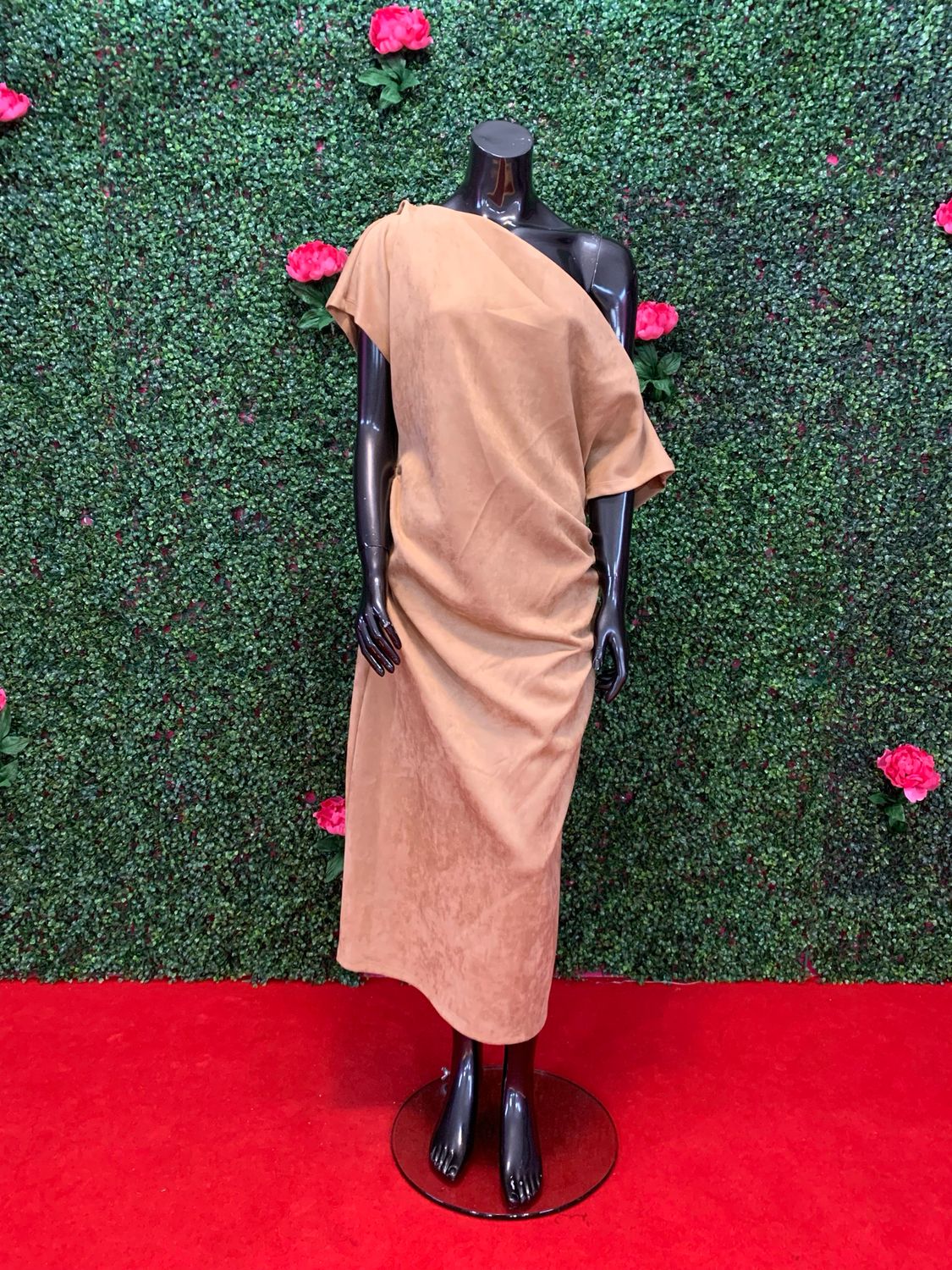Khaki Suede Off-Shoulder Maxi