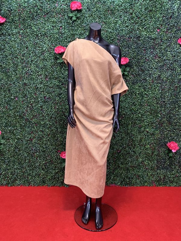 Khaki Suede Off-Shoulder Maxi