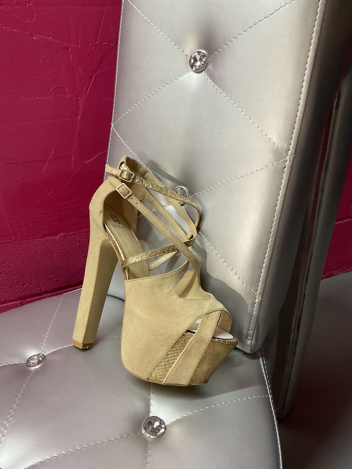 Tan and Gold Open Toe Pump