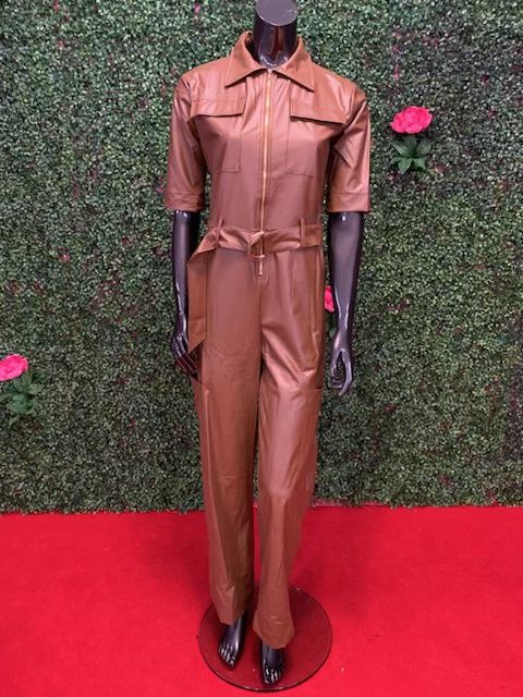 Brown Cargo Faux Leather Jumpsuit