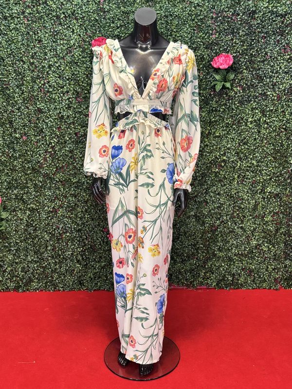 Floral Cut- Out Pants Suit