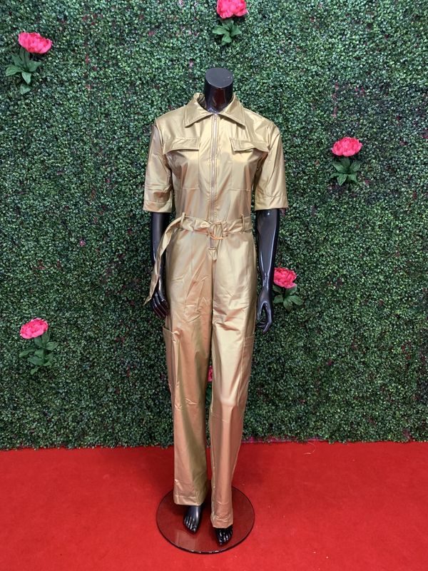 Gold Cargo Faux Leather Jumpsuit