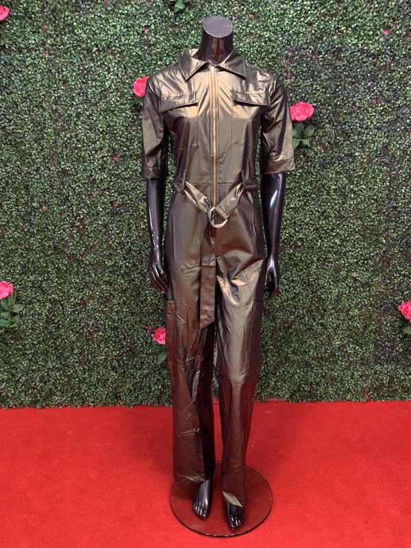 Green Cargo Faux Leather Jumpsuit