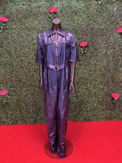 Navy Blue Cargo Faux Leather Jumpsuit