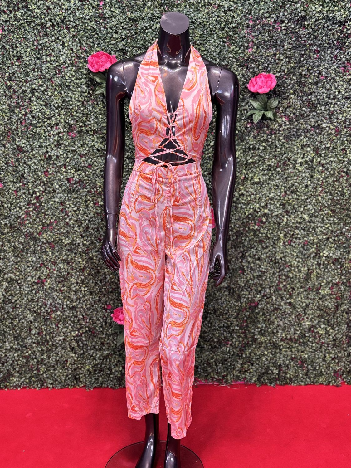 Pink Criss-Cross Halter Pants Suit