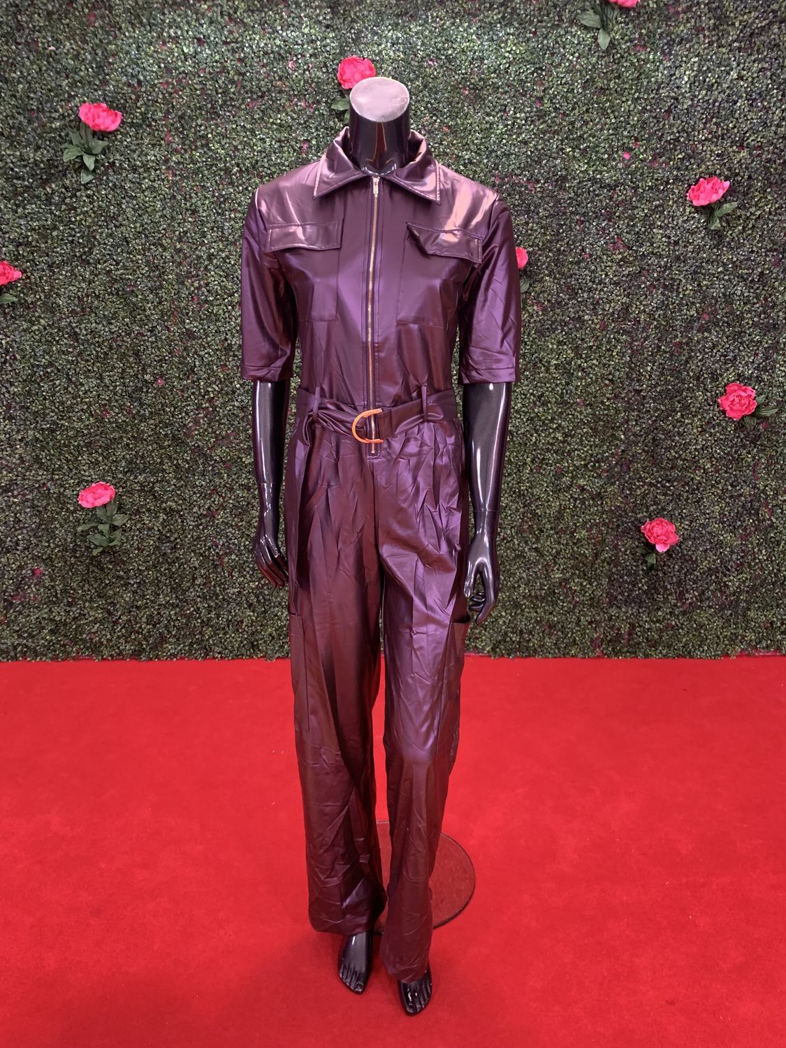 Purple Cargo Faux Leather Jumpsuit