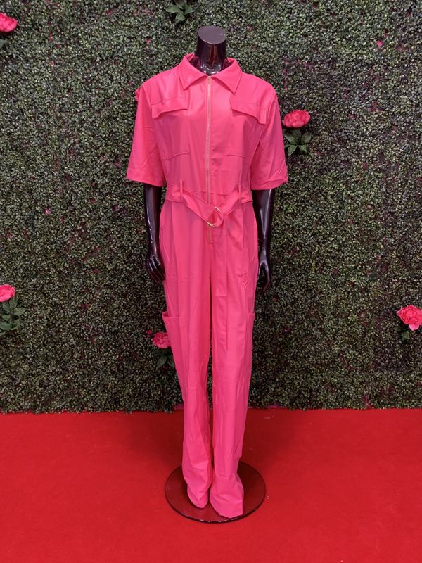 Pink Cargo Faux Leather Jumpsuit