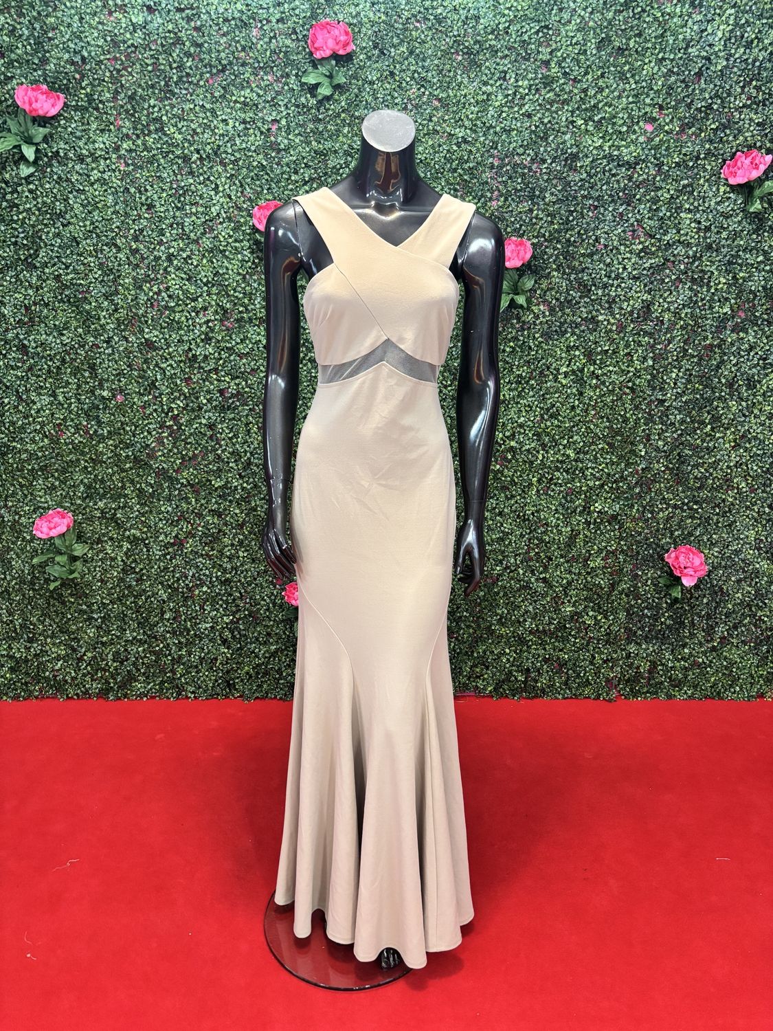 Beige Mesh Side Cut-Out Long Gown