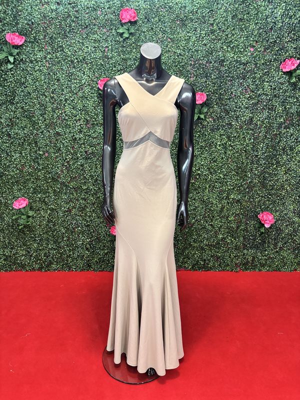 Beige Mesh Side Cut-Out Long Gown