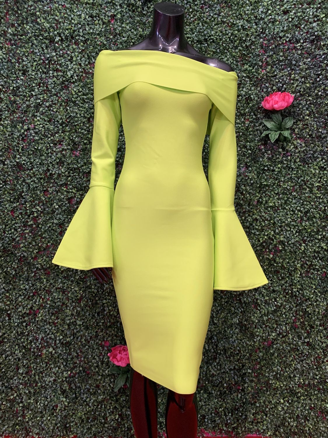 Green Midi Bell Sleeve Off-Shoulder