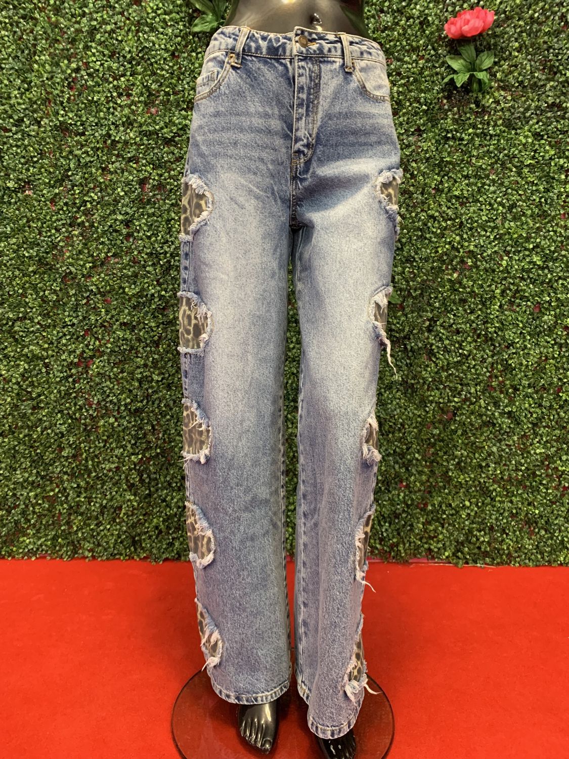 Cheetah Print Cut Out Denim Jeans