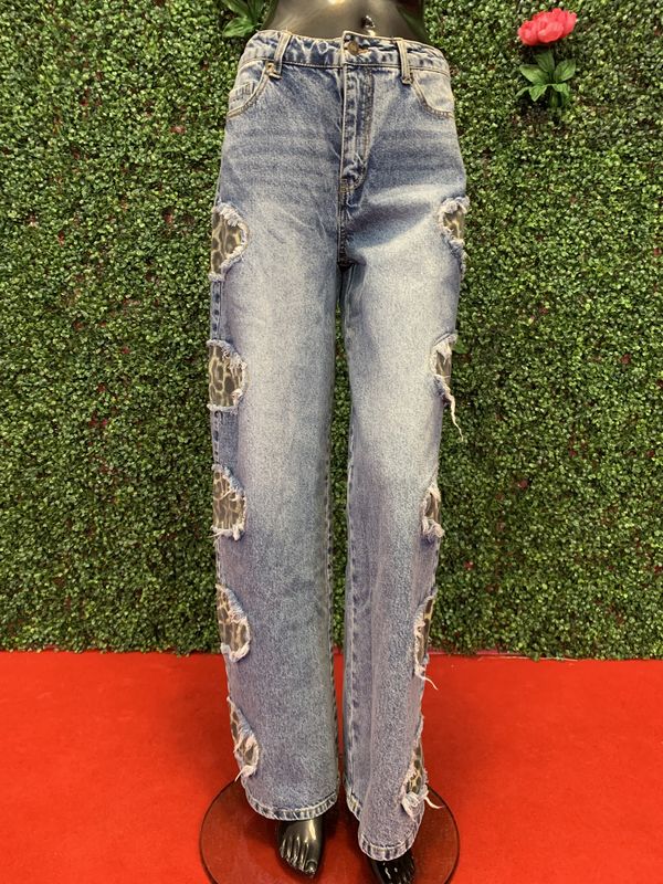Cheetah Print Cut Out Denim Jeans