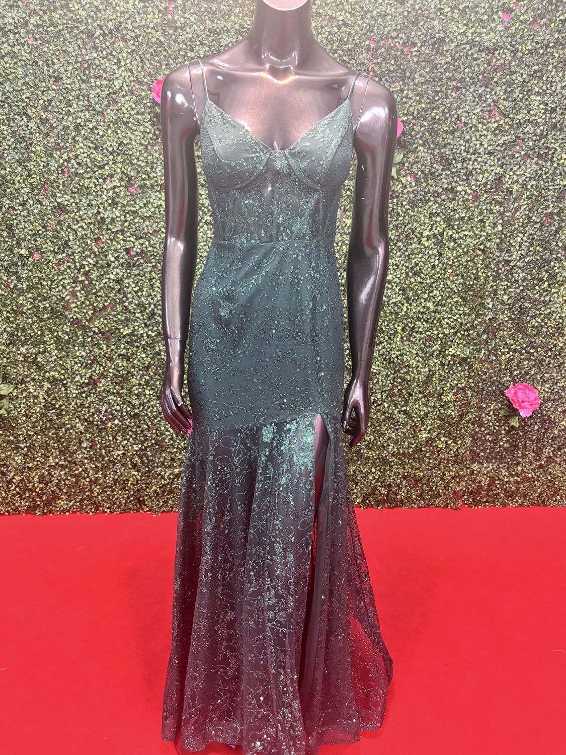 Green Sparkly Spaghetti Strap Long Gown