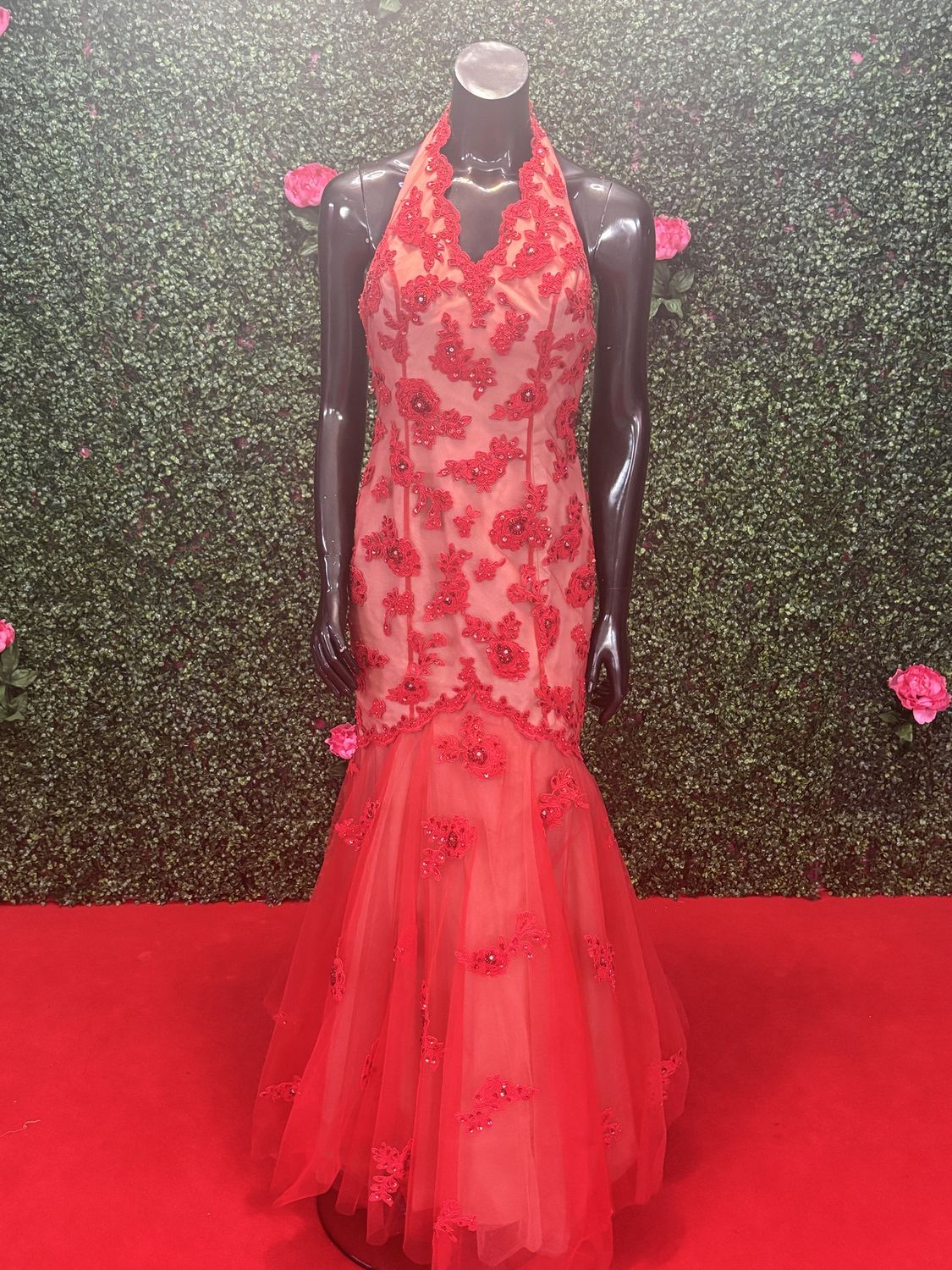 Red Floral Mesh Long Gown