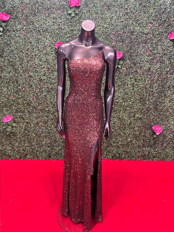 Brown Sparkly Spaghetti Strap Long Gown