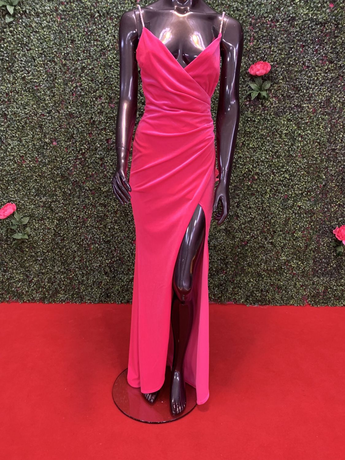 Hot Pink Bedazzled Spaghetti Strap Velvet Long Gown