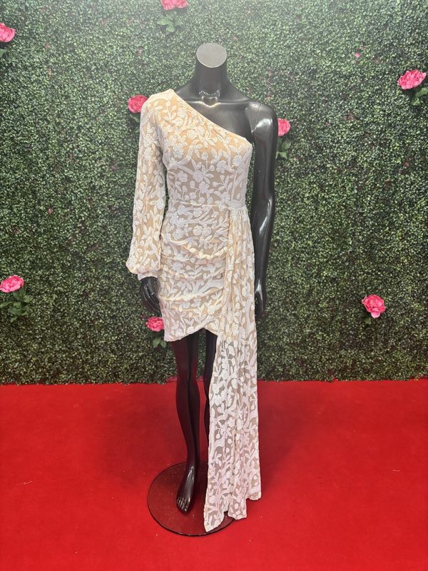 Beige Floral Short Gown w/ Drape