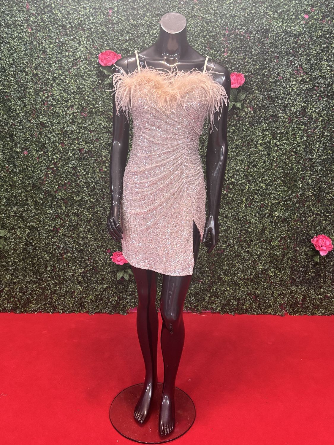 Beige Silver Feather Spaghetti Strap Short Gown