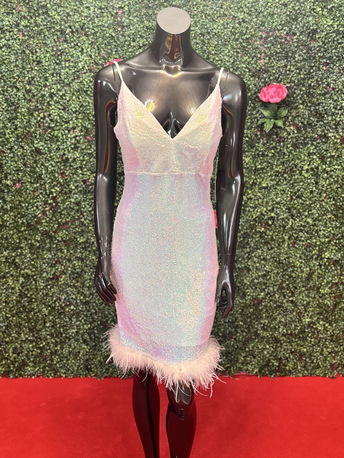 White Shimmer Feathered Bottom Cocktail Dress