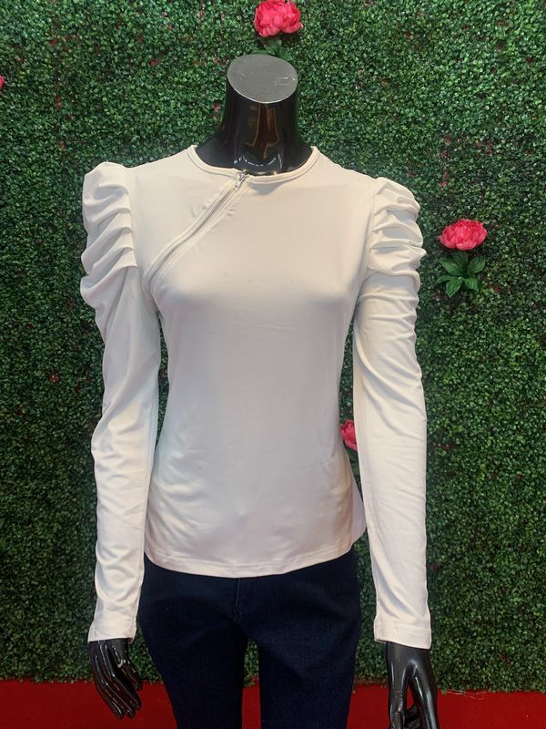 White Ruffled Long Sleeve Zip