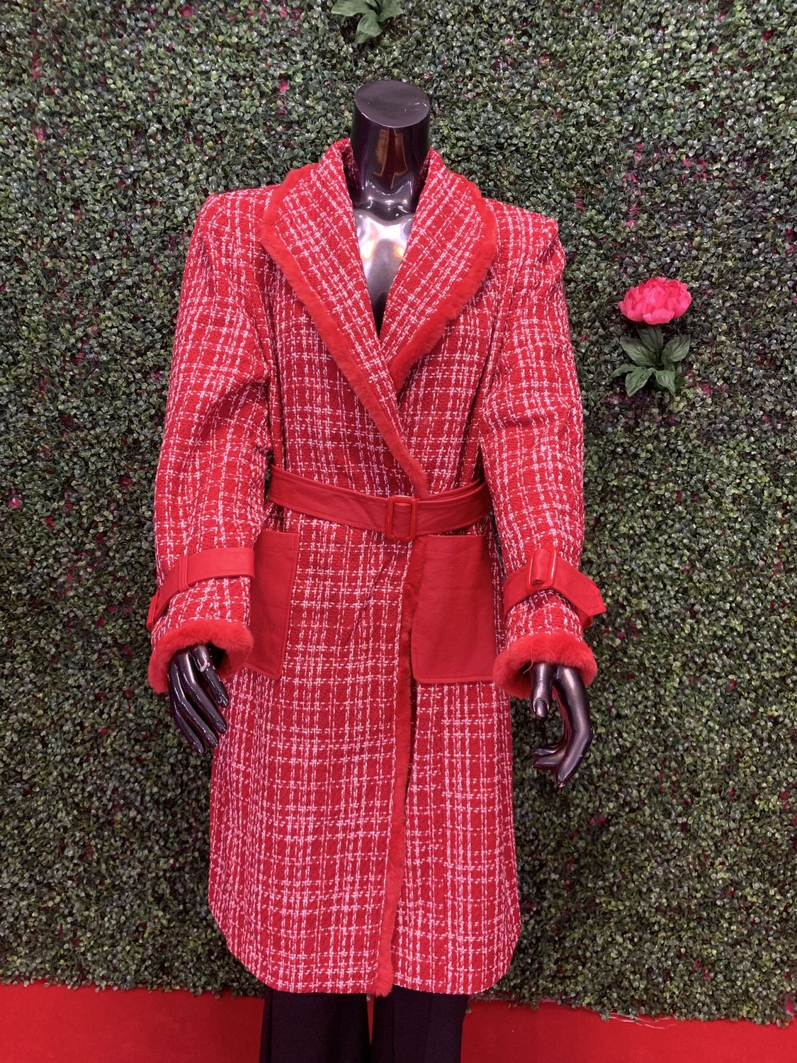 Red and White Fur Sleeve Trench Coat