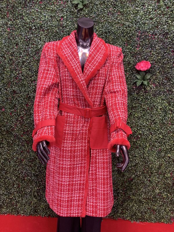 Red and White Fur Sleeve Trench Coat