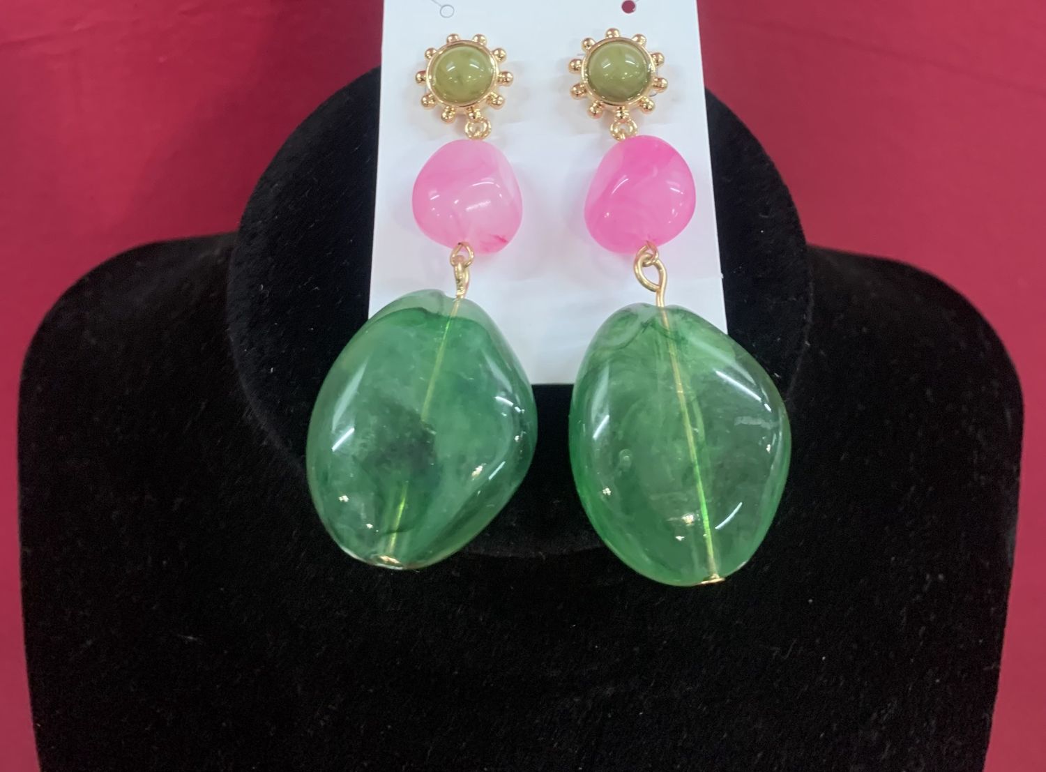 Green Pink Gold Floral Earrings