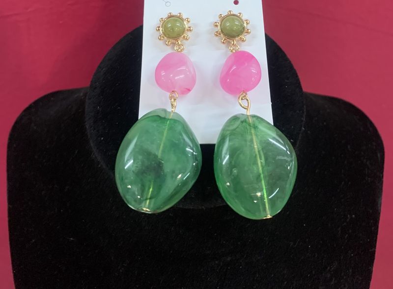 Green Pink Gold Floral Earrings