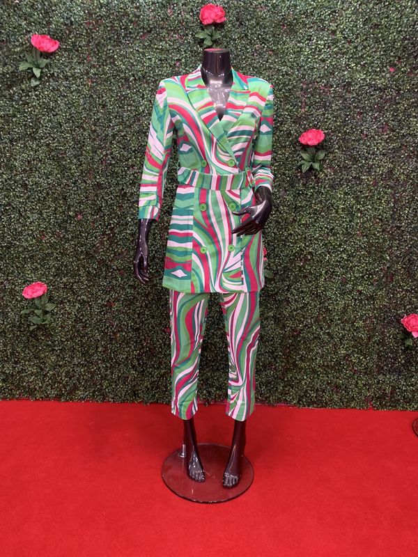 Green, Pink, and White Pants Suit