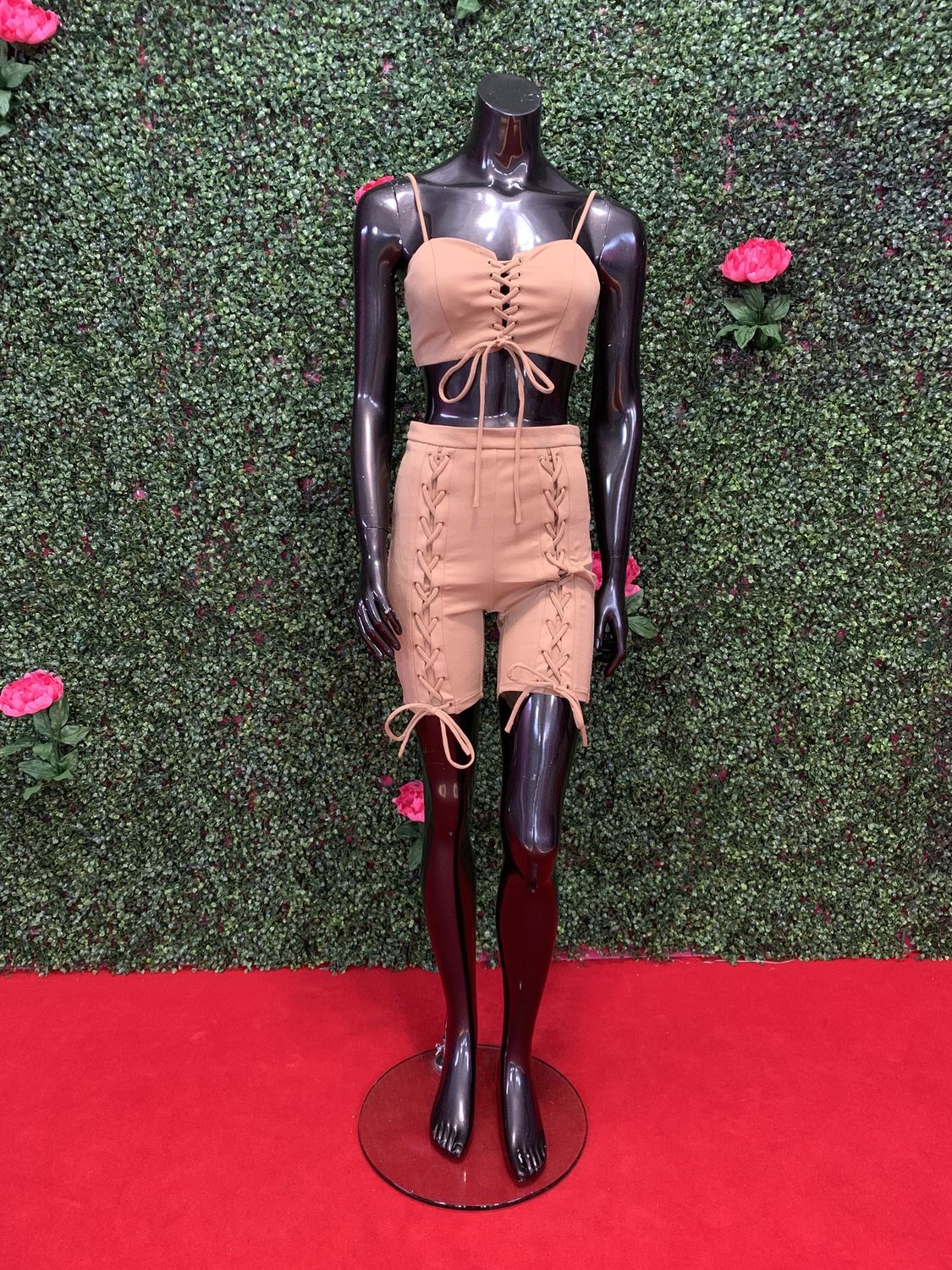 Beige Criss Cross Shorts Set