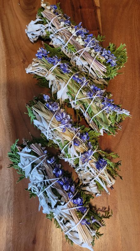 Cedar, Sage, Sweetgrass, and Larkspur Smudging Wands