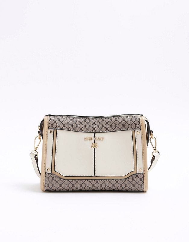 River Island Ri Monogram Panel Cross Body Bag in Cream-White