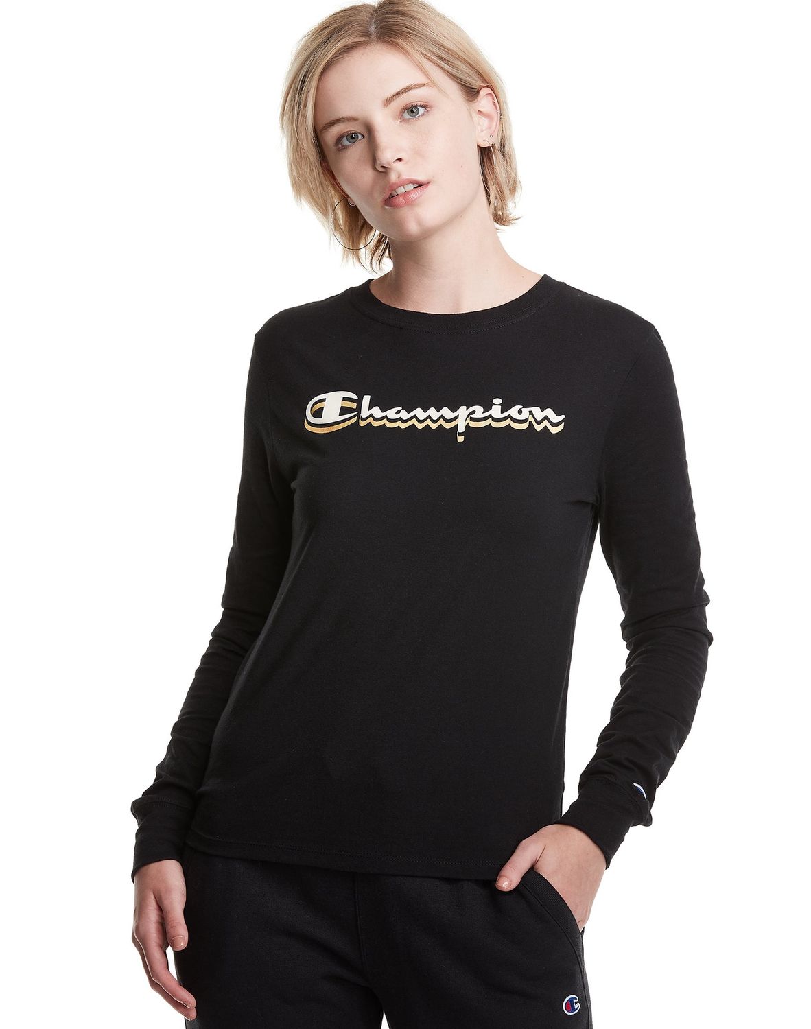 Women's Champion Classic Long Sleeve Graphic Tee, Size: XXL, Black