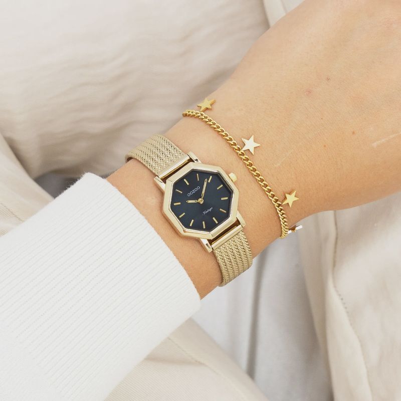 Goudkleurig horloge met metalen V-mesh band - 2