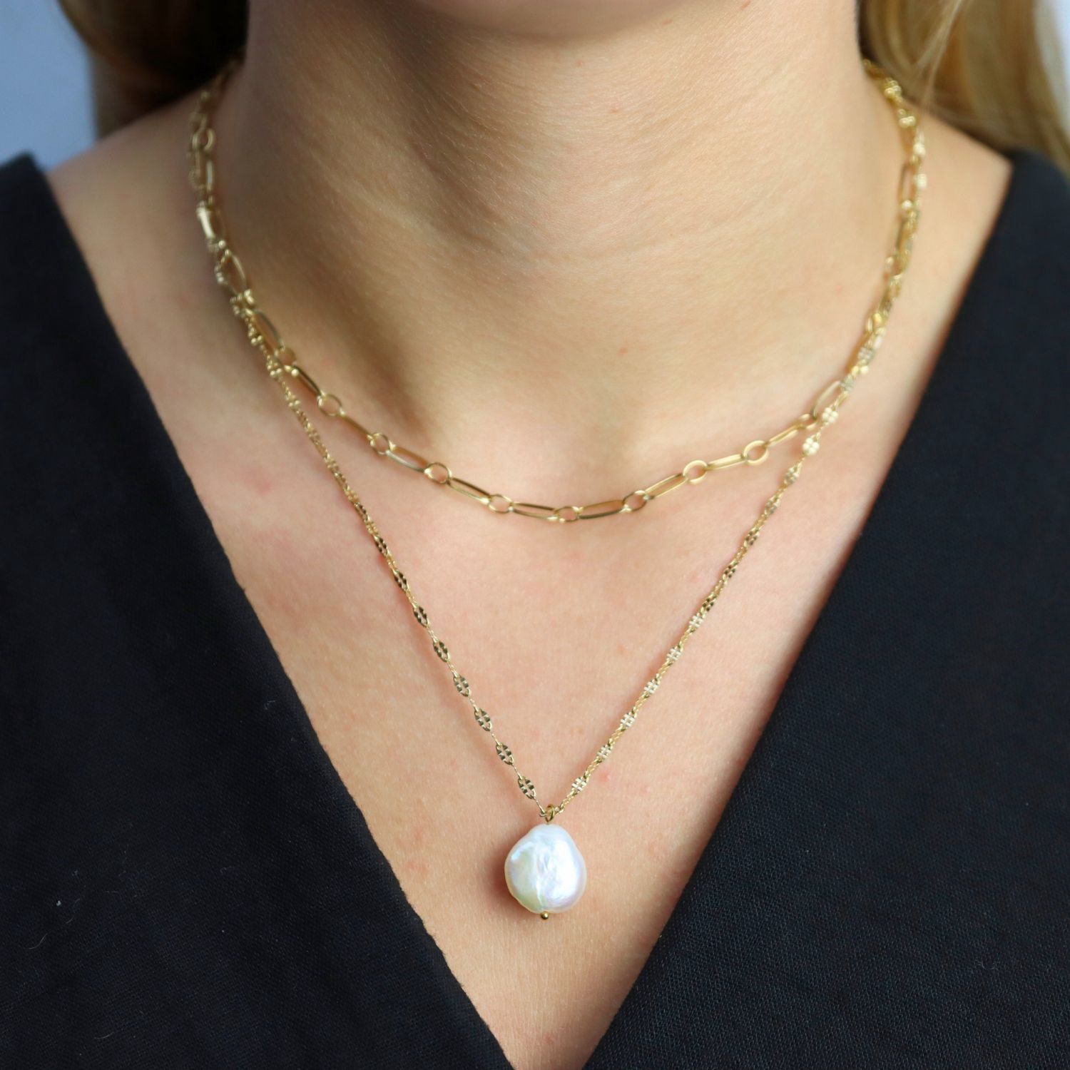 Double Chain Necklace With Pearl - 1