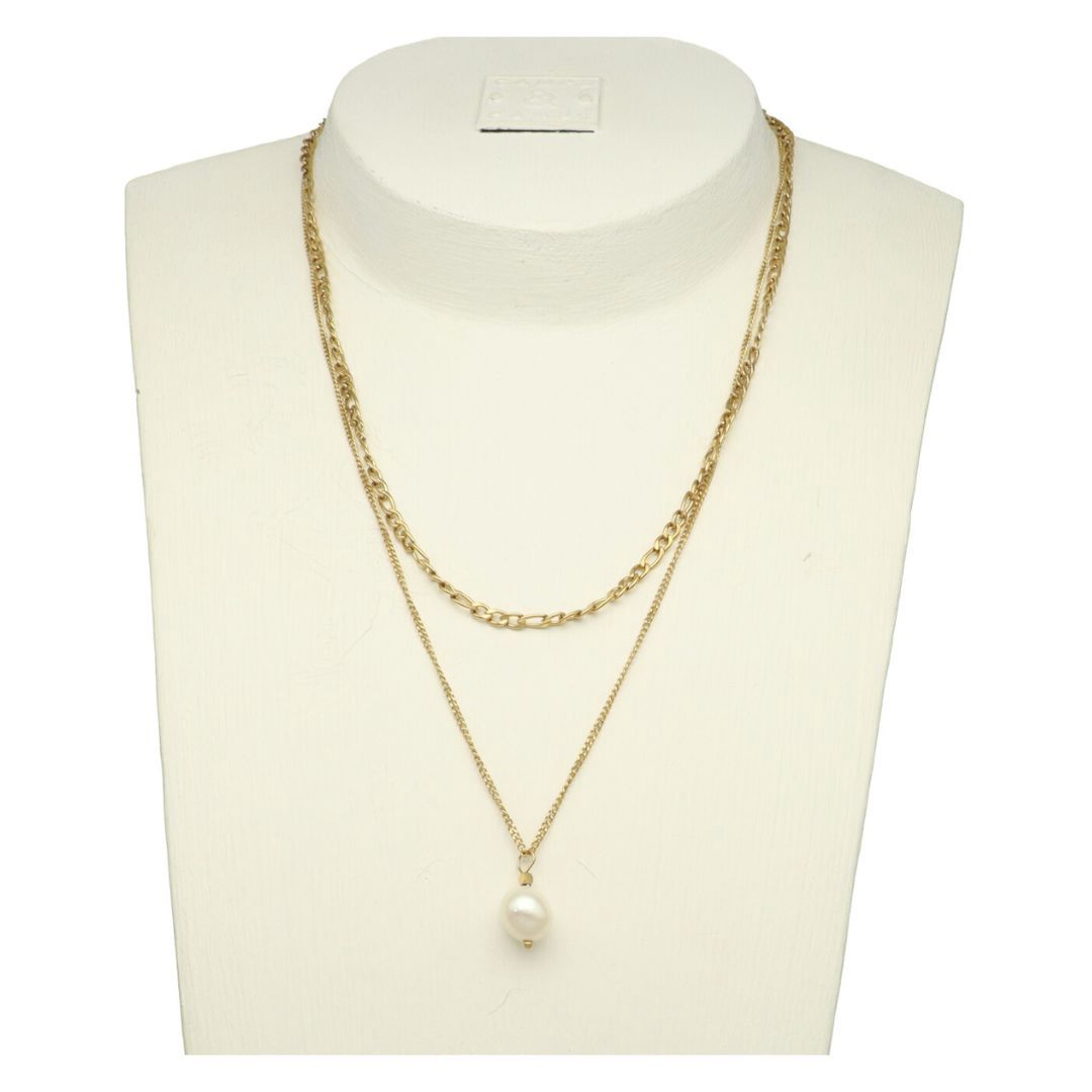 Double Chain Necklace With Pearl - 3