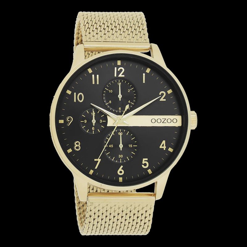 Goudkleurig horloge met een goudkleurige metalen mesh-band