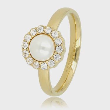 Gouden ring - witte parel - zirkonia steentjes