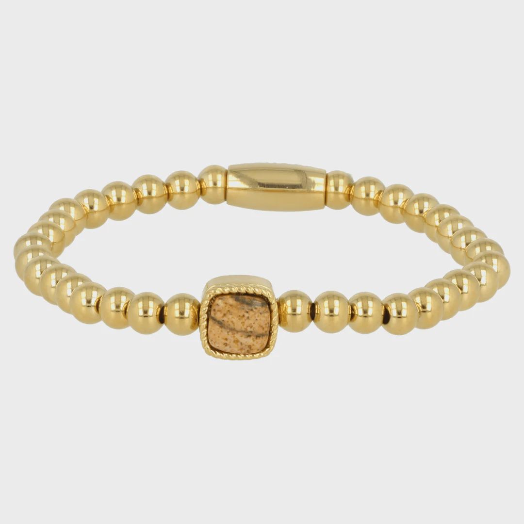 Gouden Elastische Armband met Picture Jasper Edelsteen