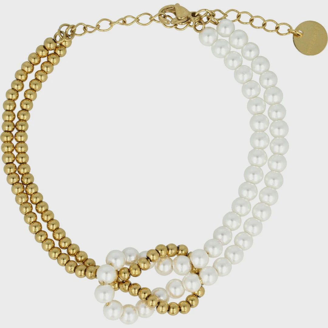 Gouden Armband met Witte Parels en Knoopdetail