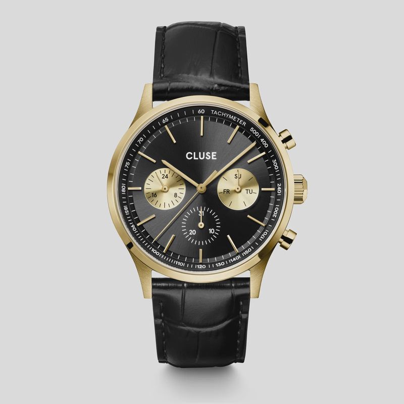 Anthéor Multifunction Watch Leather, Full Black, Gold Colour