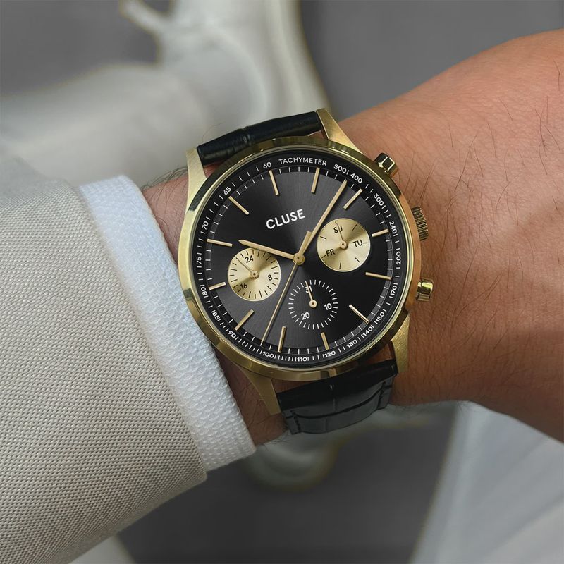 Anthéor Multifunction Watch Leather, Full Black, Gold Colour